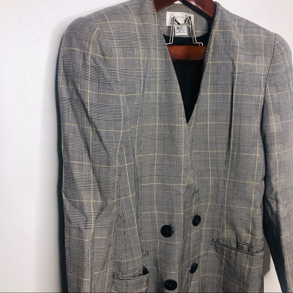 Christian Dior Vintage Plaid Check Button Blazer 8 Retro Double Structured Black - Picture 7 of 7